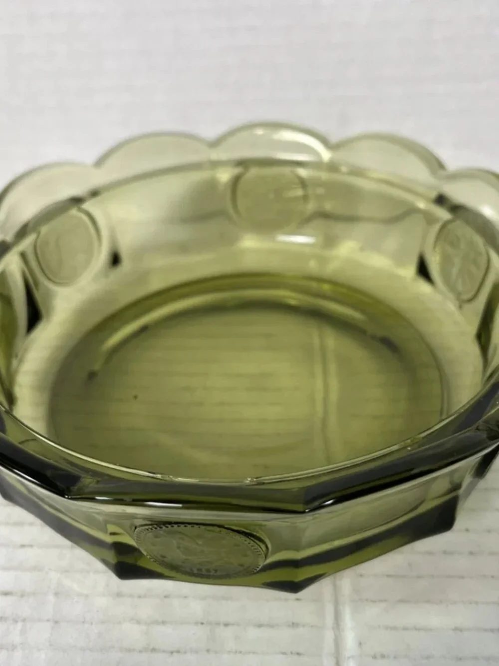 Vintage Fostoria Coin Glass Olive Green Covered Candy Dish